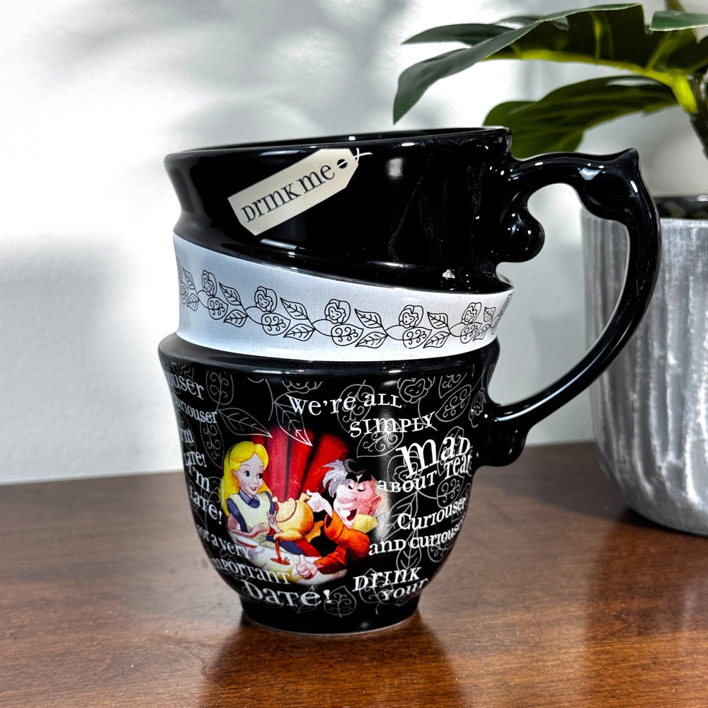 Disney Parks Alice in Wonderland Drink Me Mug Black White Tea Time Mad Hatter